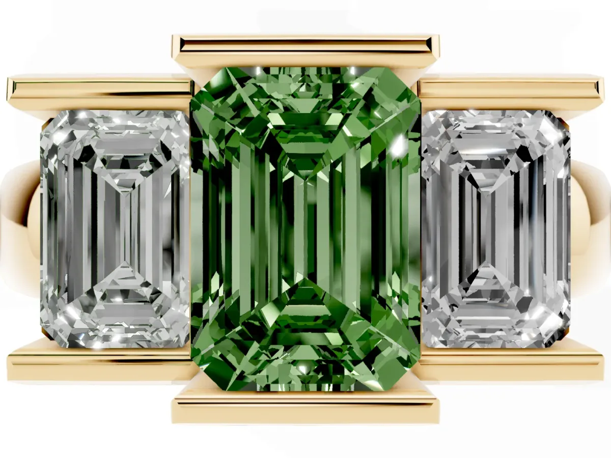 Fancy Green Three Stone Emerald Cut Cut Channel Set Diamond Ring Yellow gold