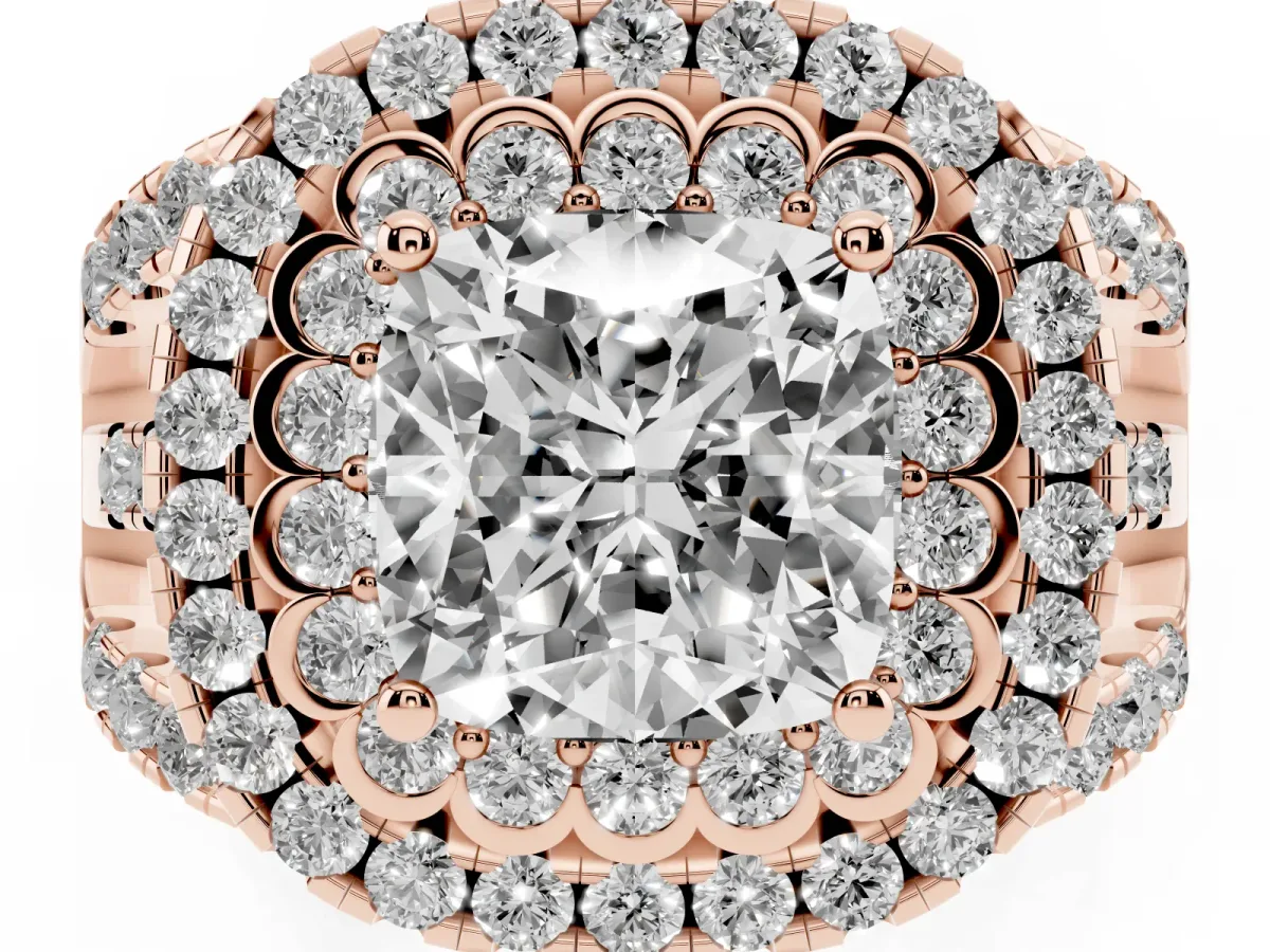 Cushion Cut Diamond Double Halo Ring with Round Pavé Split Shank and Prong Setting Rose gold