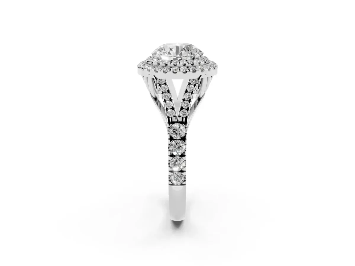 Round Cut Diamond Double Halo Ring with Split Shank and Prong Setting Silver