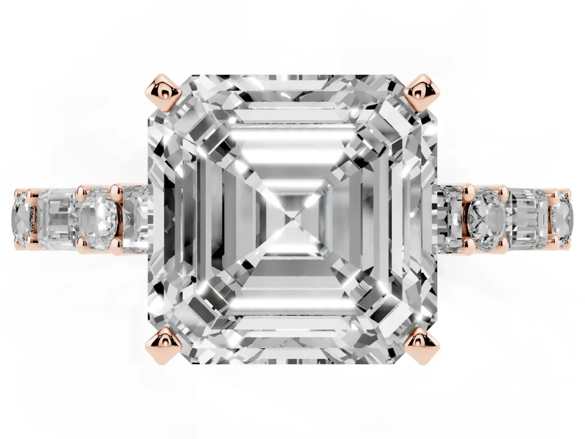 Asscher Cut Diamond Solitaire with Side Baguettes and Channel Set Band Rose gold