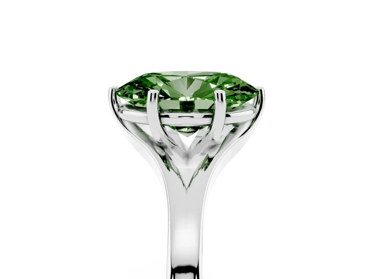 Fancy Green Oval Cut Solitaire Diamond Ring with Six-Prong Setting and Tapered Band Silver