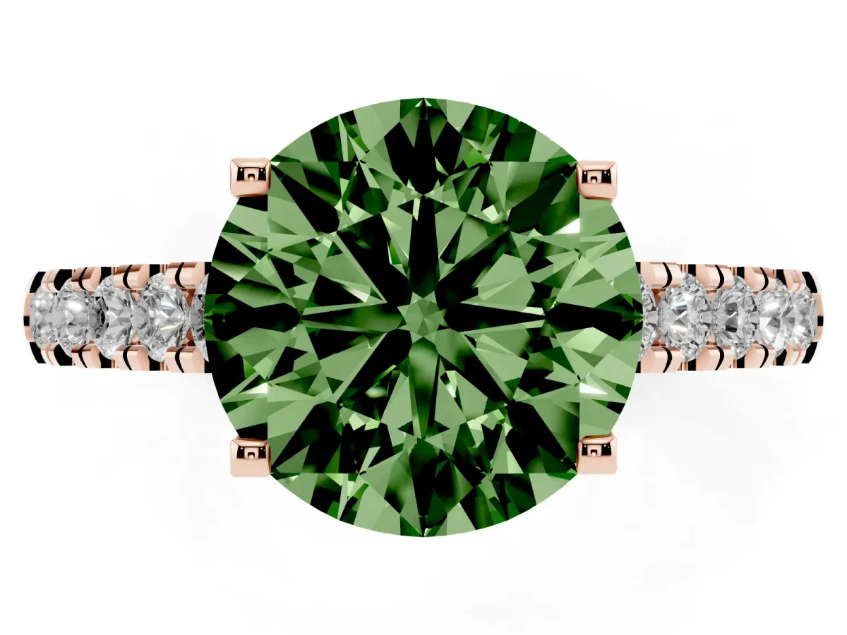 Fancy Green Round Cut Diamond Pavé Band Solitaire Ring with Prong Setting Rose gold