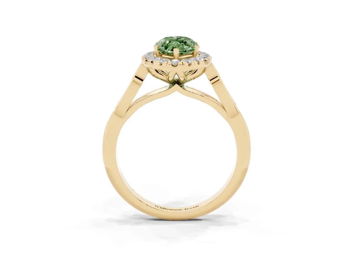 Fancy Green Marquise Cut Halo Diamond Engagement Ring with Filigree Band and Four-Prong Setting Yellow gold