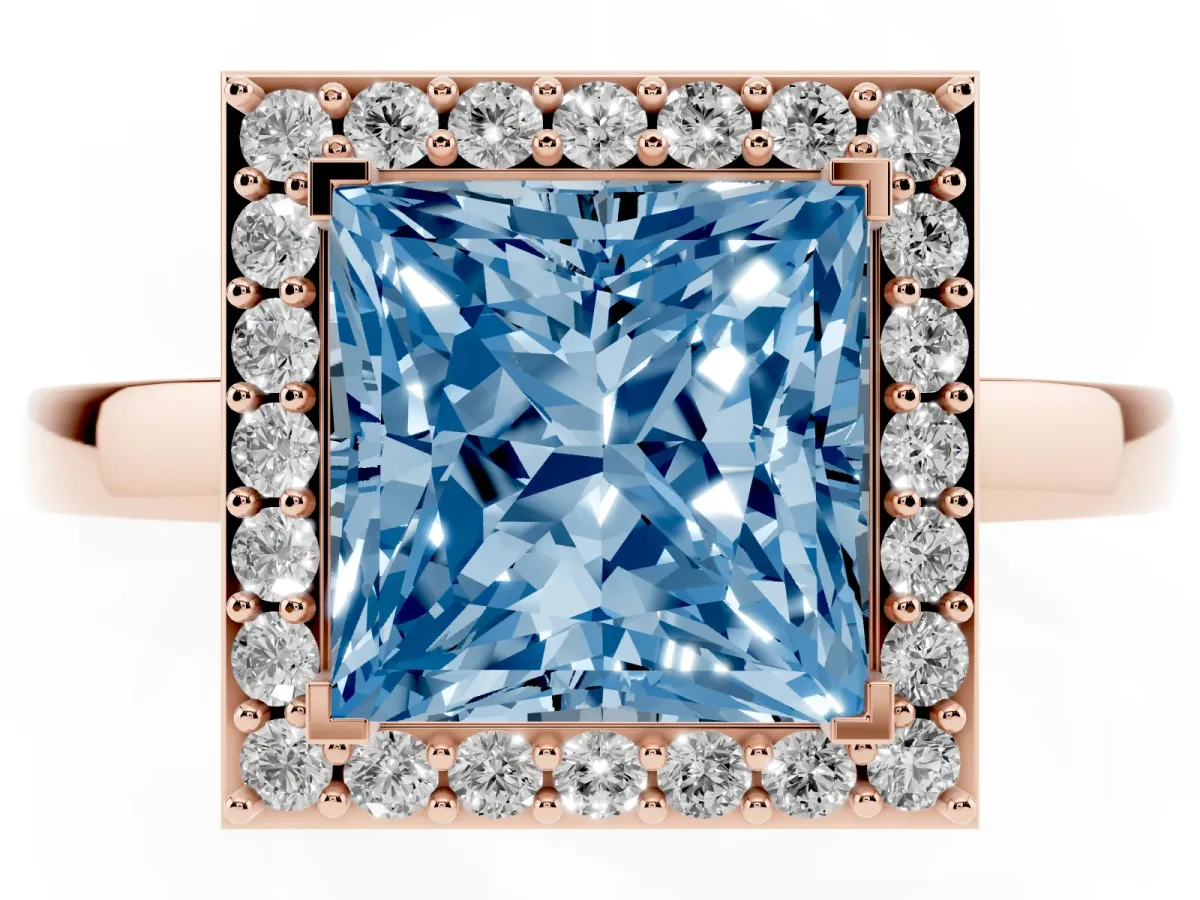 Fancy Blue Princess Cut Halo Diamond Ring with Solitaire Band and Prong Setting Rose gold