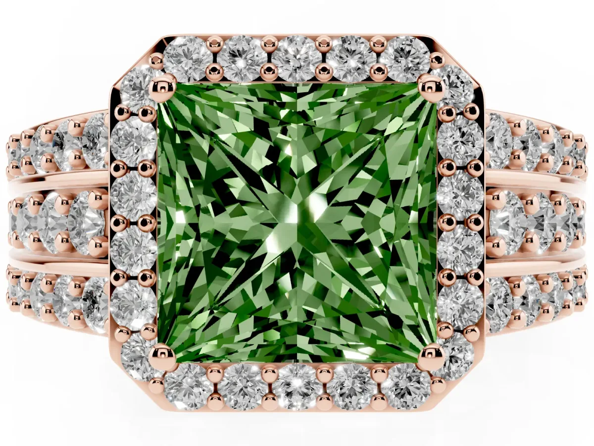 Fancy Green Princess Cut Halo Diamond Ring with Round Split Shank and Prong Setting Rose gold