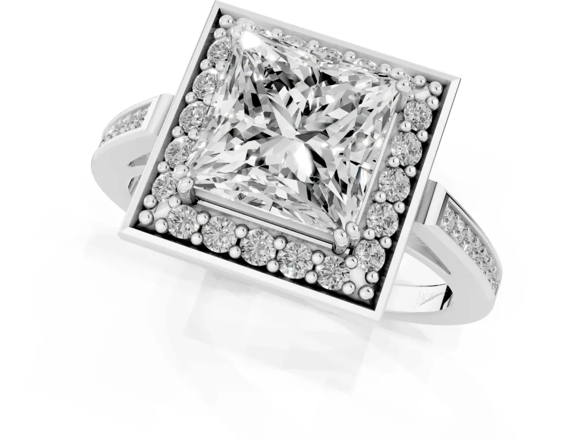 Princess Cut Diamond Halo Ring with Split Shank and Four-Prong Setting White gold