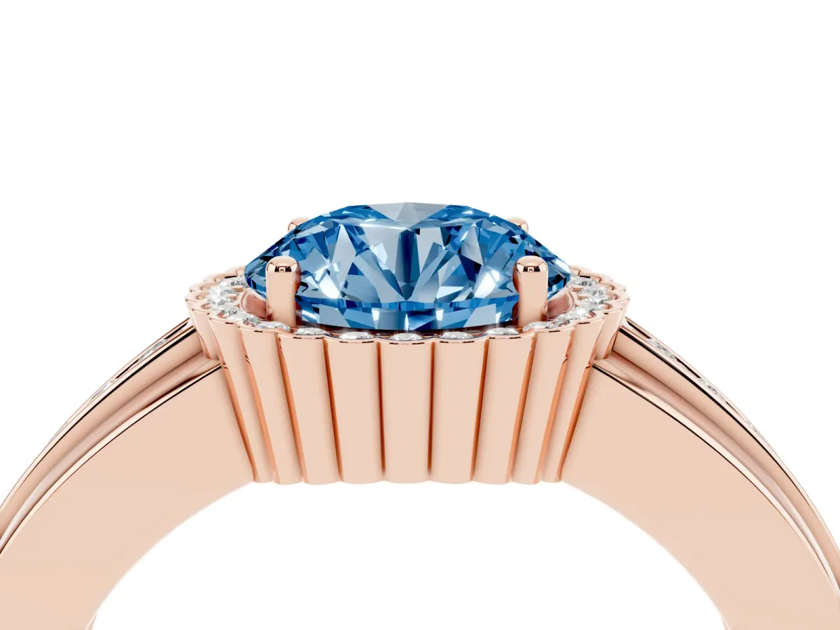 Fancy Blue Round Cut Cut Halo Pave Band Four-Prong Ring Rose gold