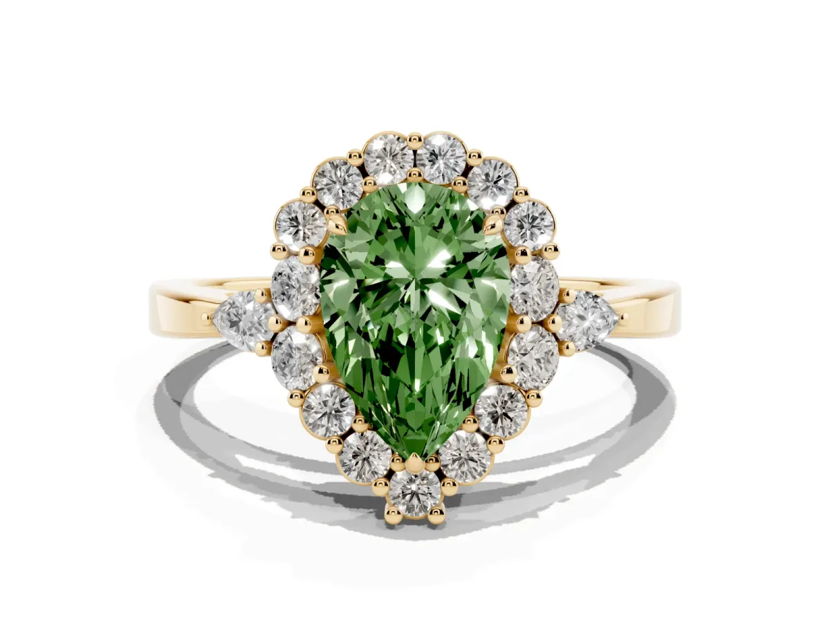 Fancy Green Pear Cut Diamond Halo Ring with Pear Side Stones and Prong Setting Yellow gold