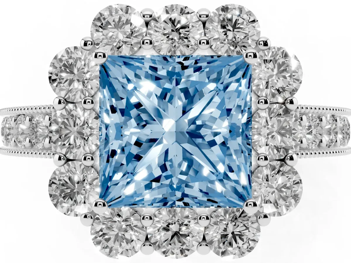Fancy Blue Princess Cut Cut Halo Diamond Pavé Engagement Ring with Milgrain Detailing Silver