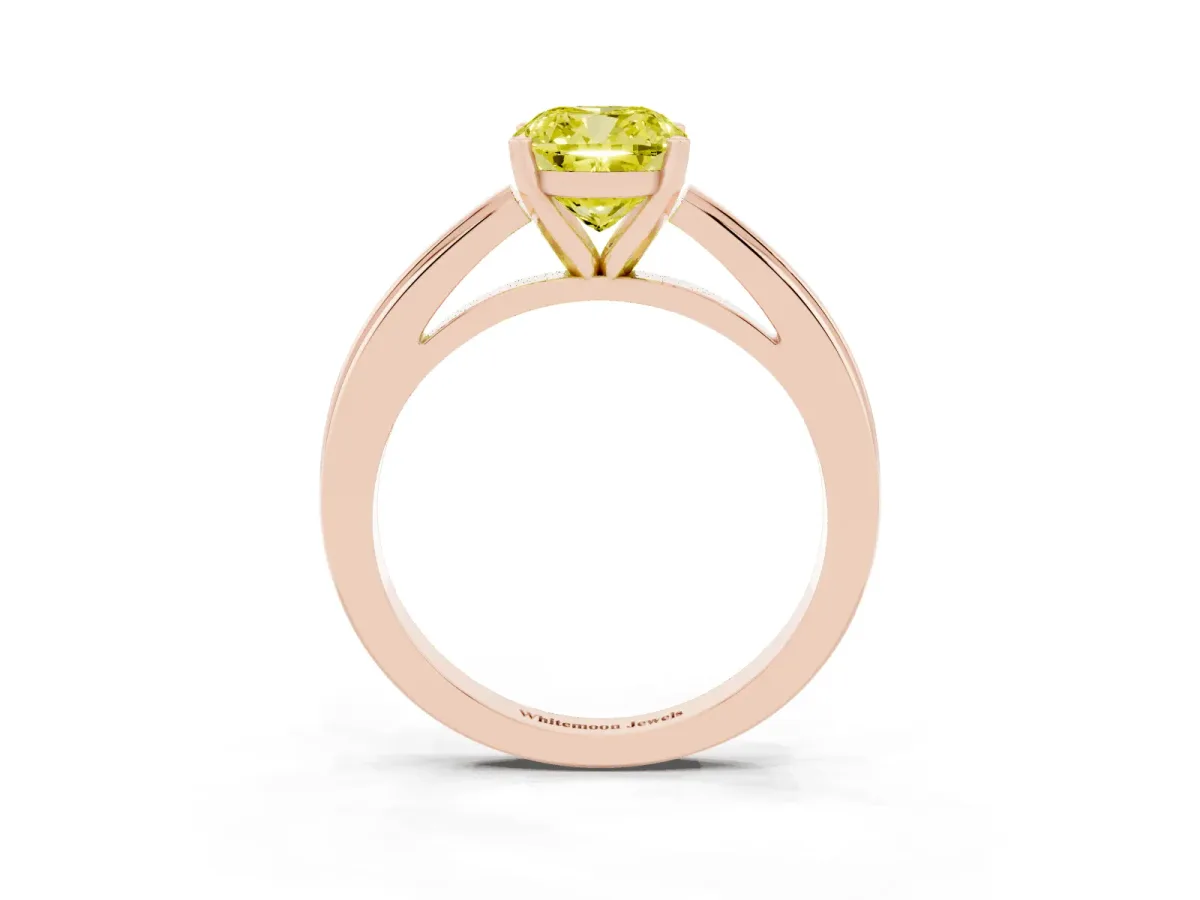 Fancy Yellow Cushion Cut Solitaire Diamond Ring with Four-Prong Setting and Classic Band Rose gold