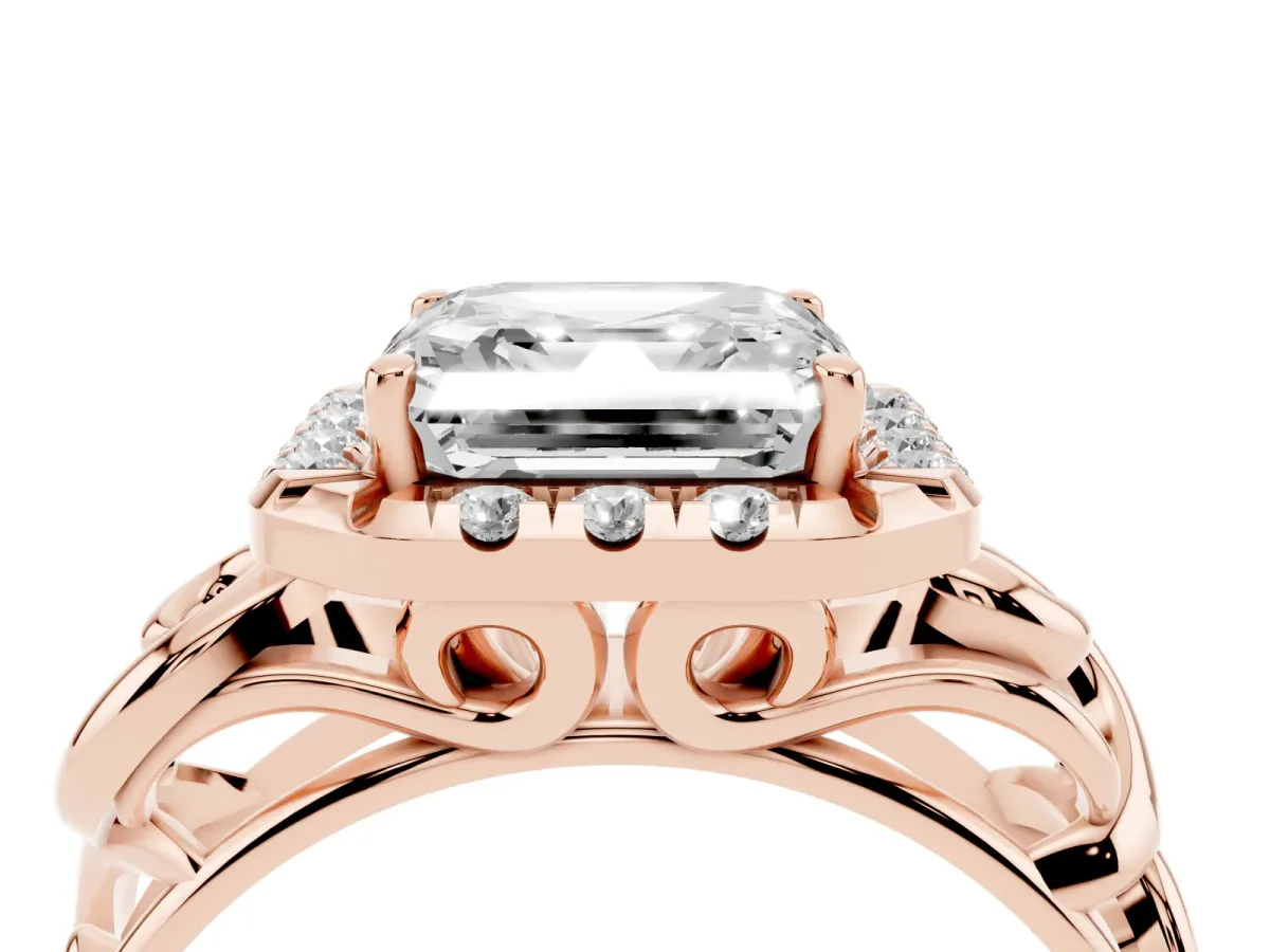 Asscher Cut Cut Halo Diamond Ring with Scrollwork Band and Four-Prong Setting Rose gold