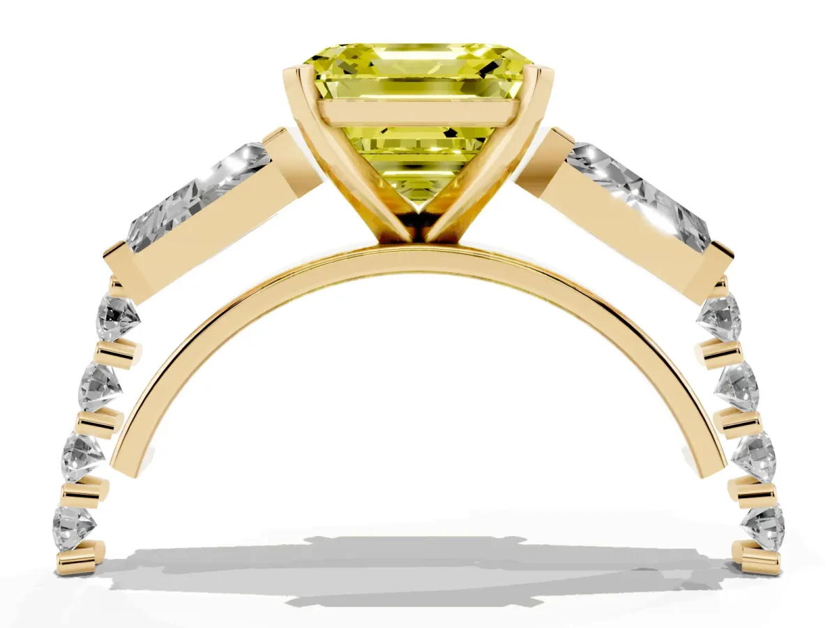 Fancy Yellow Asscher Cut Diamond Engagement Ring with Baguette Side Stones and Channel Set Band Yellow gold
