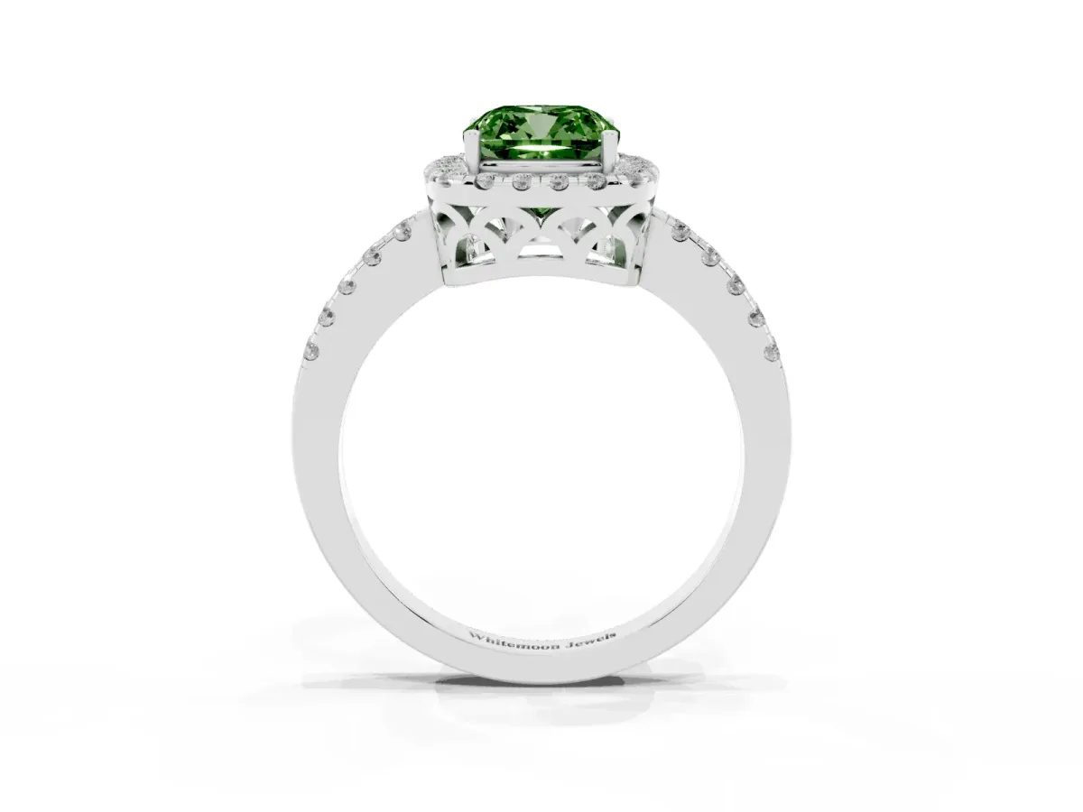 Fancy Green Cushion Cut Halo Diamond Engagement Ring with Pavé Band and Four-Prong Setting Platinum