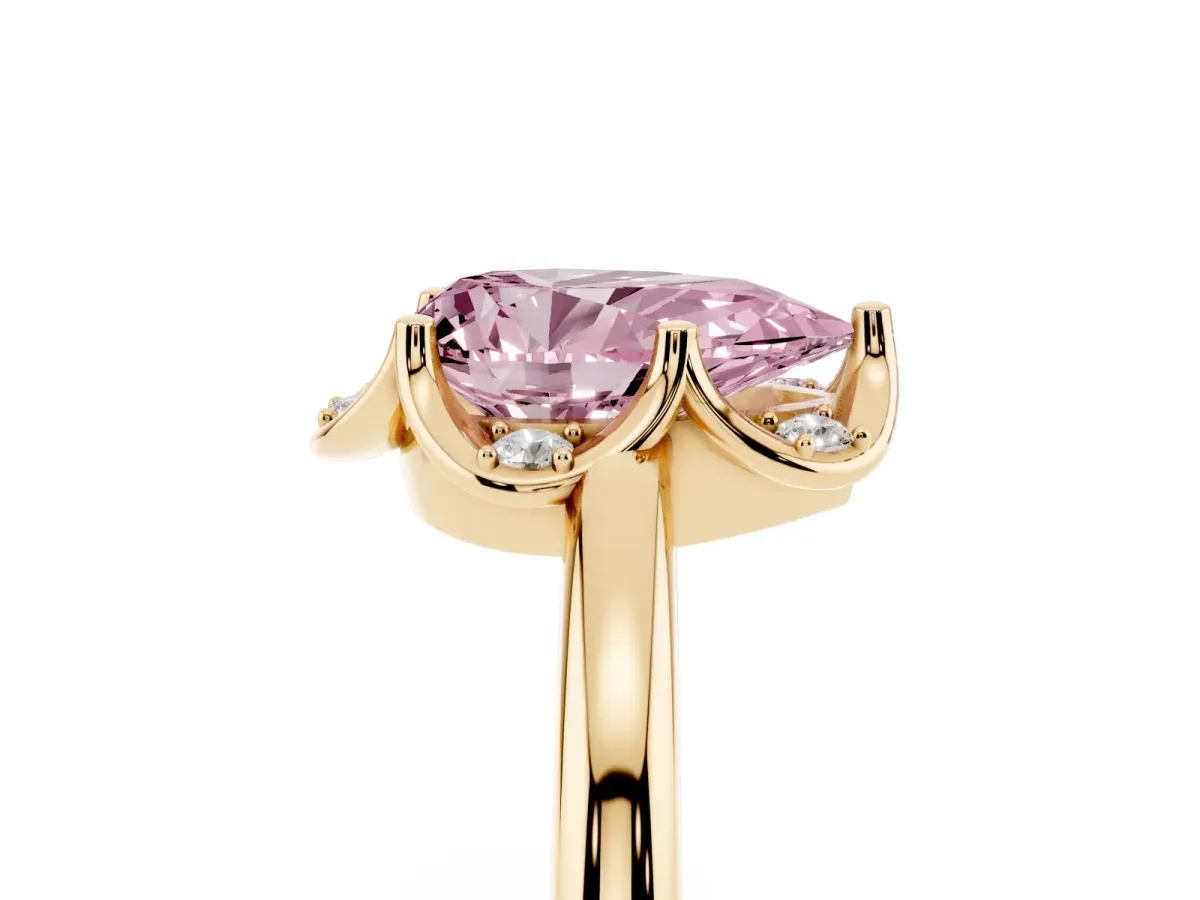Fancy Pink Pear Cut Halo Diamond Ring with Round Cluster Setting, Solitaire Band, and Four-Prong Setting Yellow gold