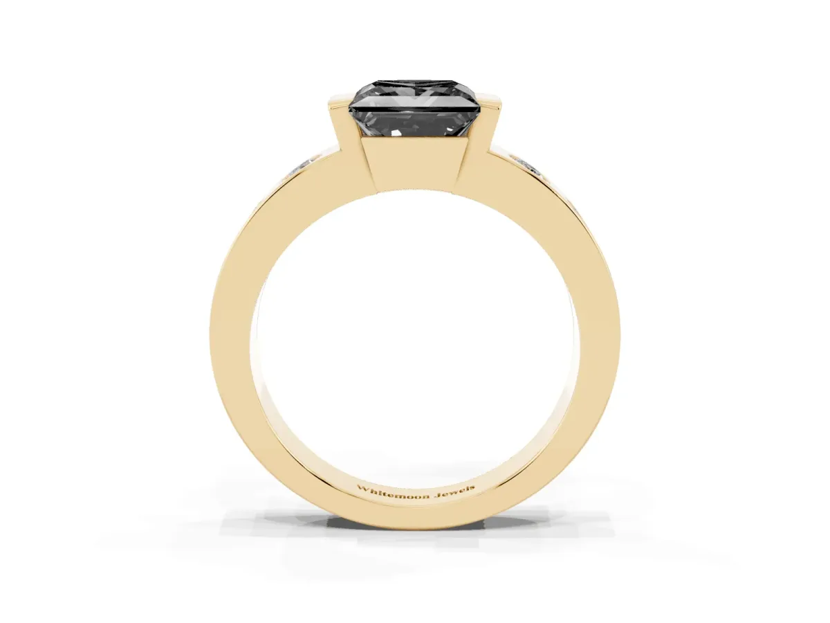 Fancy Black Princess Cut Brilliant Channel-Set Diamond Ring with Bezel Prong Setting Yellow gold