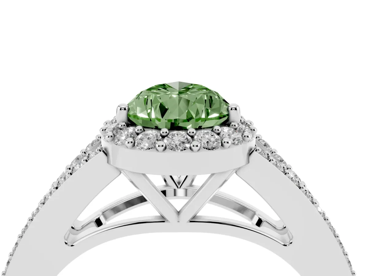 Fancy Green Pear Cut Halo Split Shank Diamond Ring with Prong Setting Silver