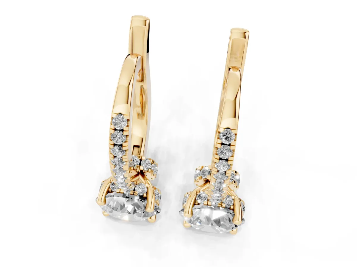 Round Diamond Hidden Halo Drop Earrings Yellow gold