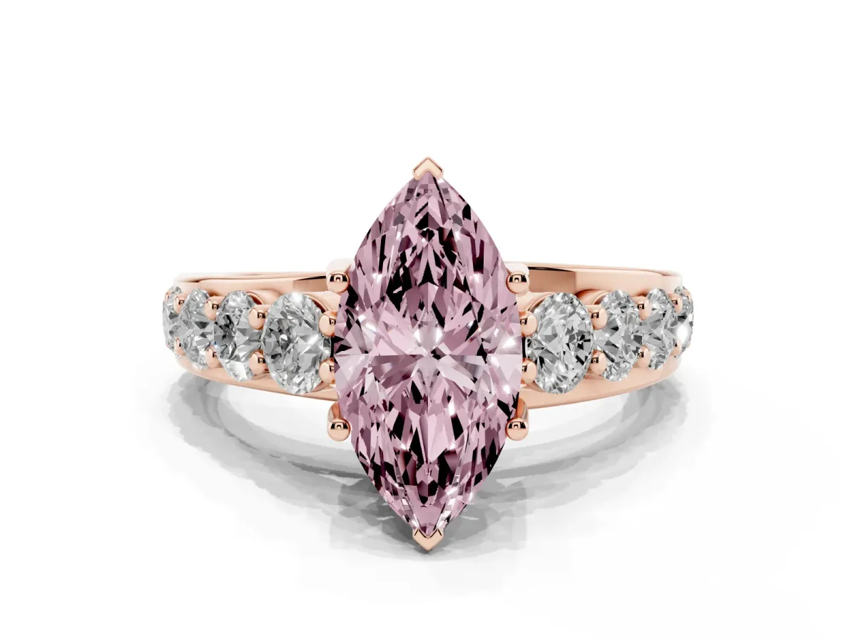 Fancy Pink Marquise Cut Diamond Engagement Ring with Pavé Band and Four-Prong Setting Rose gold