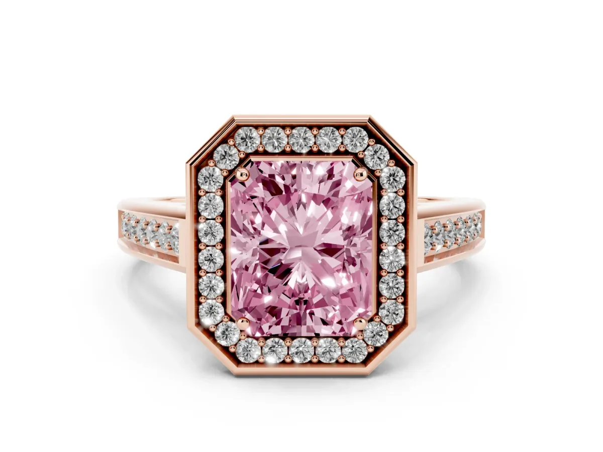 Fancy Pink Radiant Cut Halo Solitaire Diamond Ring with Pave Band and Bezel Setting Rose gold