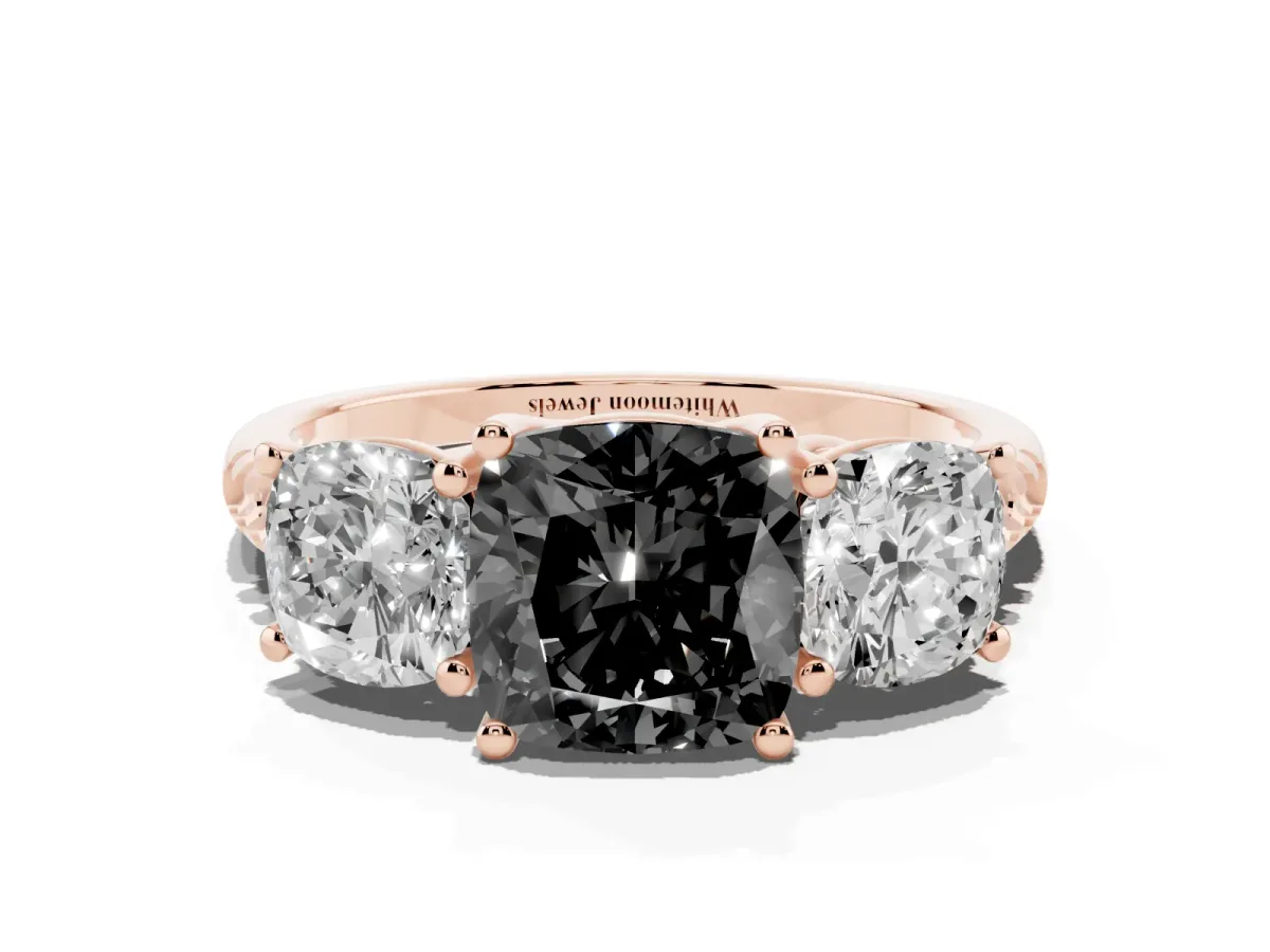 Fancy Black Three-Stone Cushion Cut Diamond Ring with Round Pavé Band and Prong Setting Rose gold