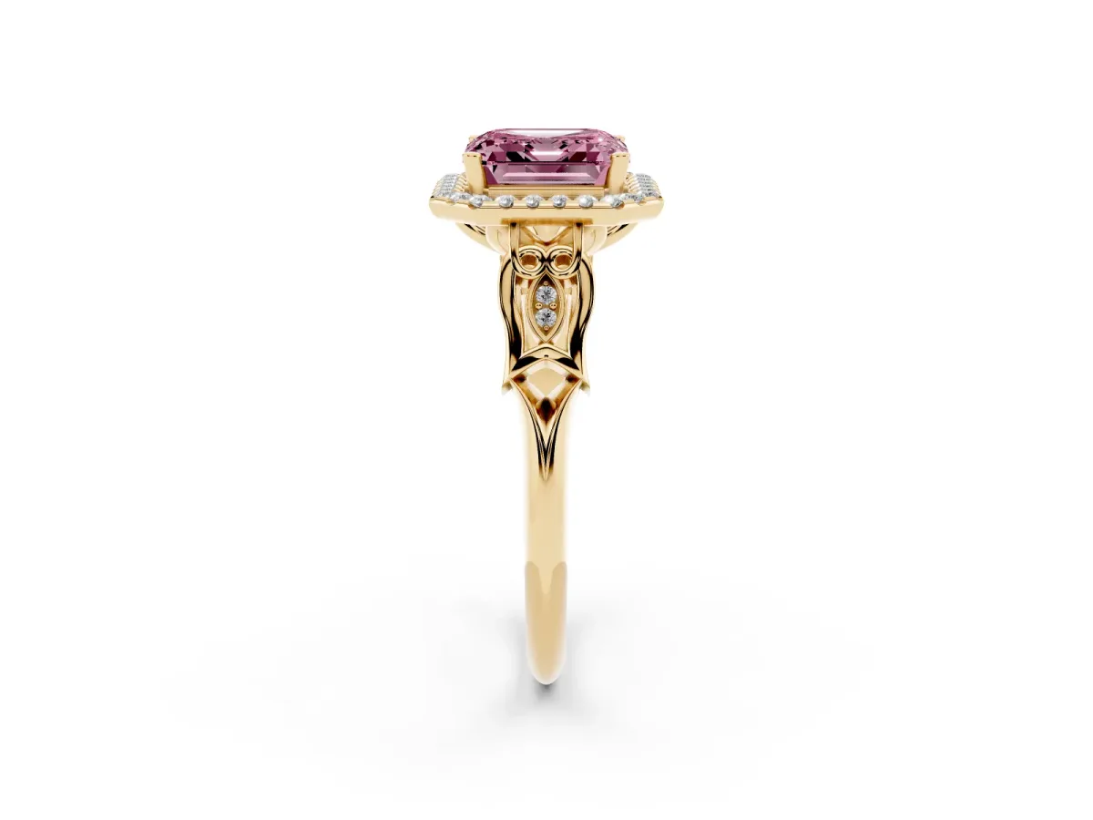 Fancy Pink Asscher Cut Halo Diamond Engagement Ring with Filigree Band and Four-Prong Setting Yellow gold