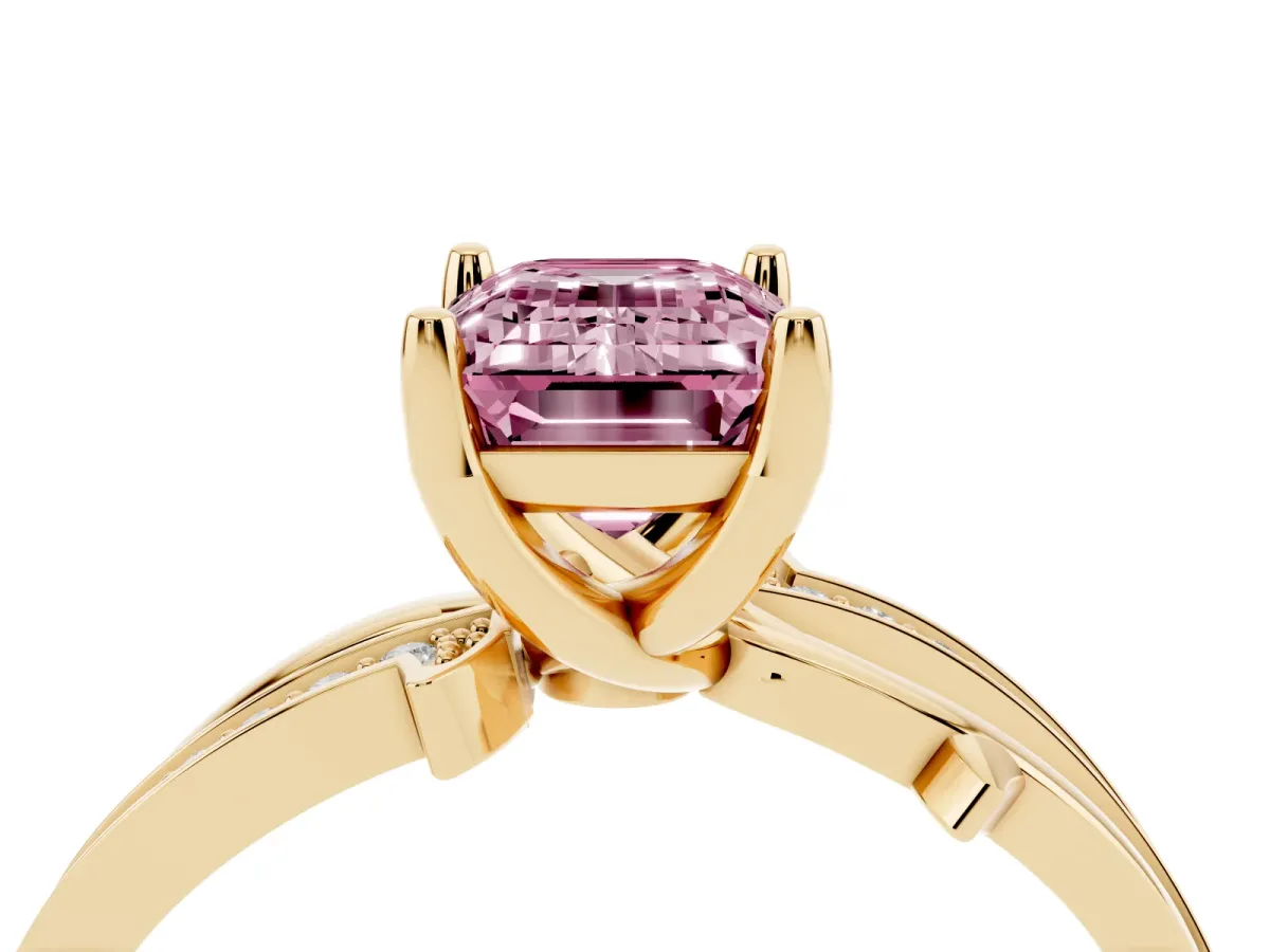 Fancy Pink Emerald Cut Solitaire Twist Band with Pavé Accents and Four-Prong Setting Yellow gold