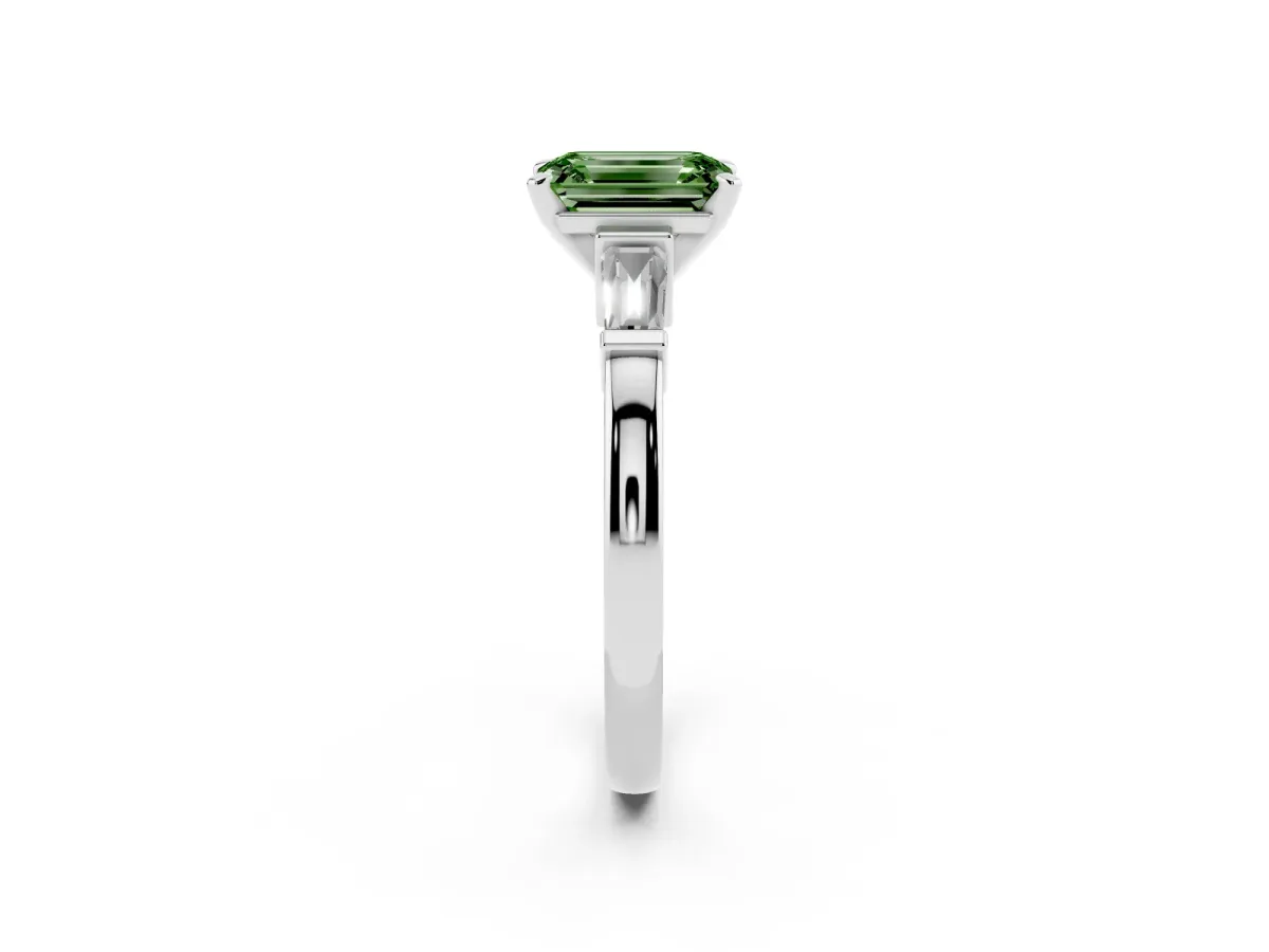 Fancy Green Emerald Cut Cut Diamond Solitaire Ring with Tapered Baguette Accents and Four-Prong Setting Silver