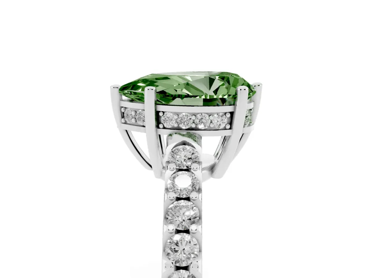 Fancy Green Pear Cut Solitaire Diamond Engagement Ring with Pavé Band and Six-Prong Setting Platinum