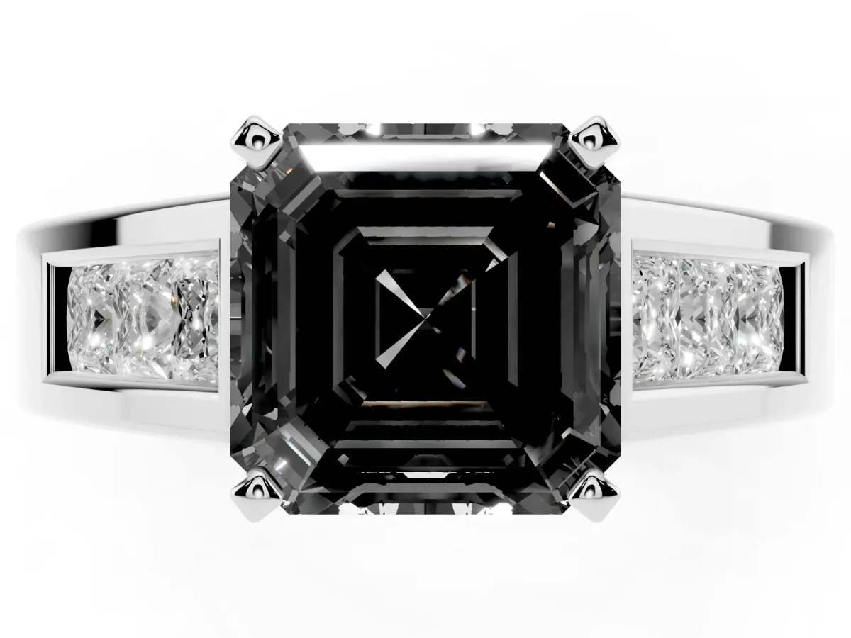 Fancy Black Asscher Cut Cut Channel Set Solitaire Ring with Four-Prong Setting White gold