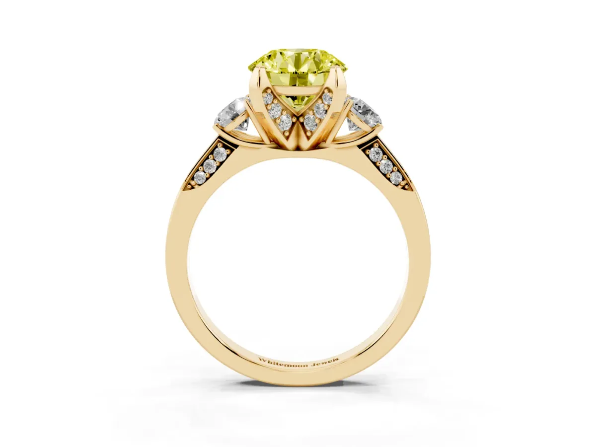 Fancy Yellow Round Cut Brilliant Three-Stone Diamond Ring with Pavé Band and Four-Prong Setting Yellow gold