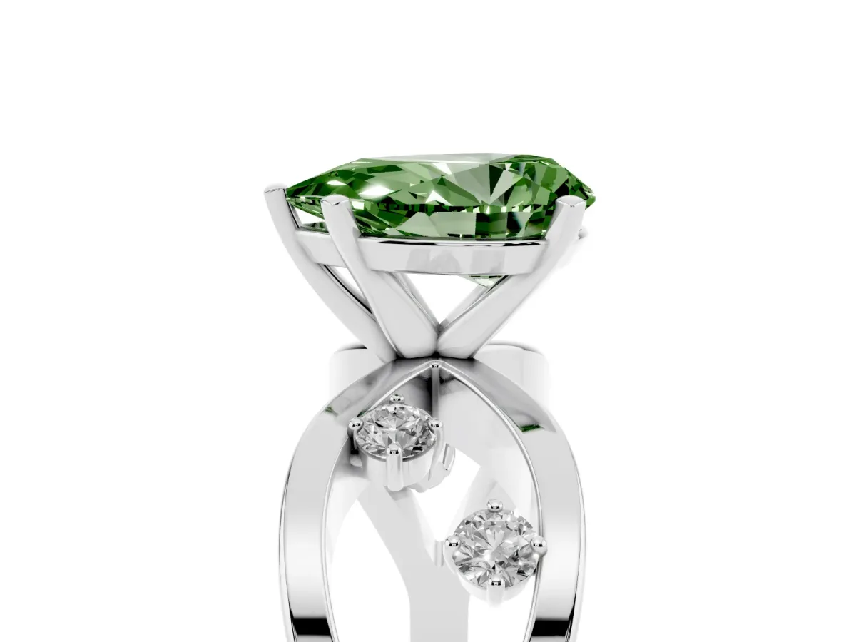 Fancy Green Pear Cut Cut Solitaire Diamond with Side Stones on Criss-Cross Band and Four-Prong Setting Silver