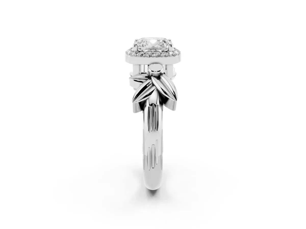 Cushion Cut Halo Diamond Floral Band with Four-Prong Setting White gold