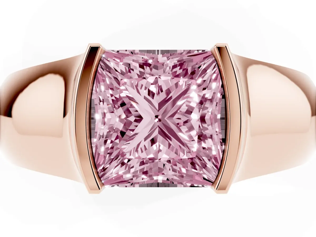 Fancy Pink Princess Cut Solitaire Bezel Set Diamond Ring with Wide Band Rose gold