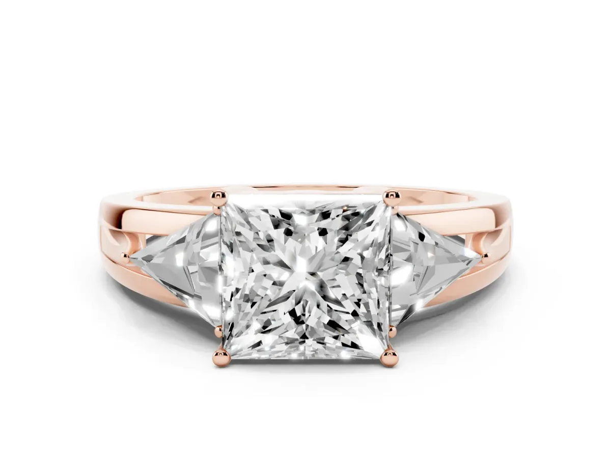 Three-Stone Princess Cut Cut Diamond Ring with Trillion Side Stones on a Split Shank Band Rose gold