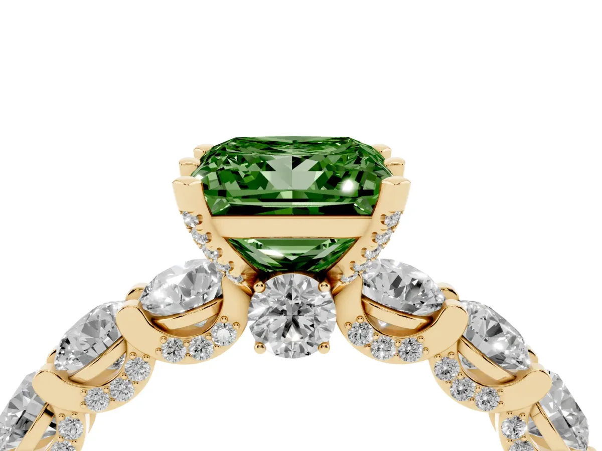 Fancy Green Princess Cut Diamond Side Stone Engagement Ring with Four-Prong Setting Yellow gold