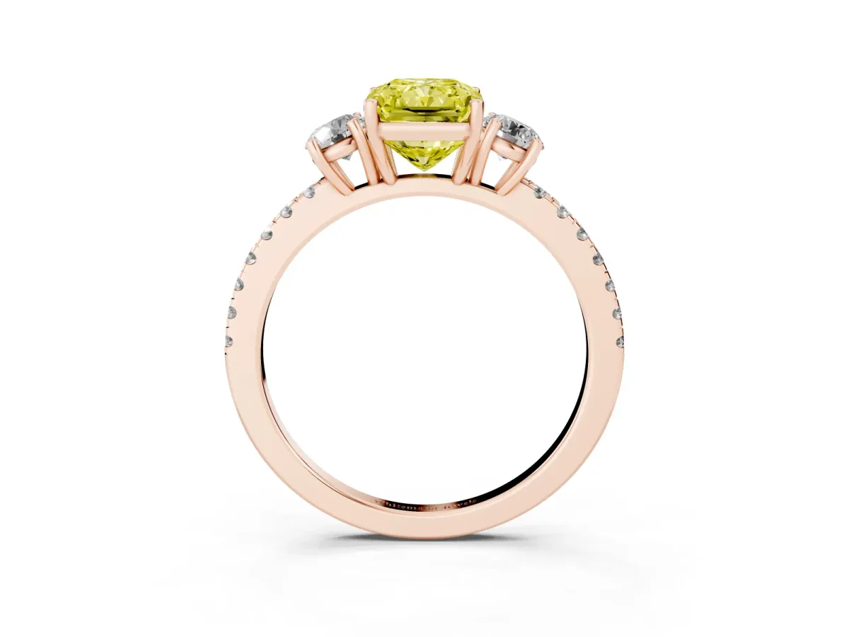 Fancy Yellow Three-Stone Radiant Cut Cut Diamond Pavé Band with Prong Setting Rose gold