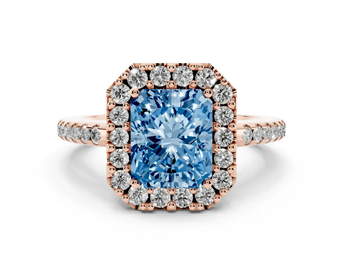 Fancy Blue Radiant Cut Diamond Pavé Halo Ring with Four-Prong Setting Rose gold