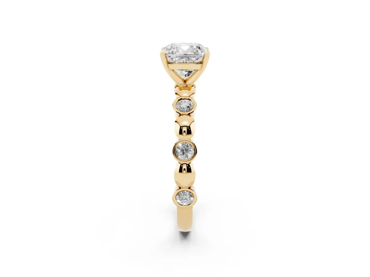 Cushion Cut Solitaire Bezel-Set Diamond Ring with Beaded Band and Four-Prong Setting Yellow gold