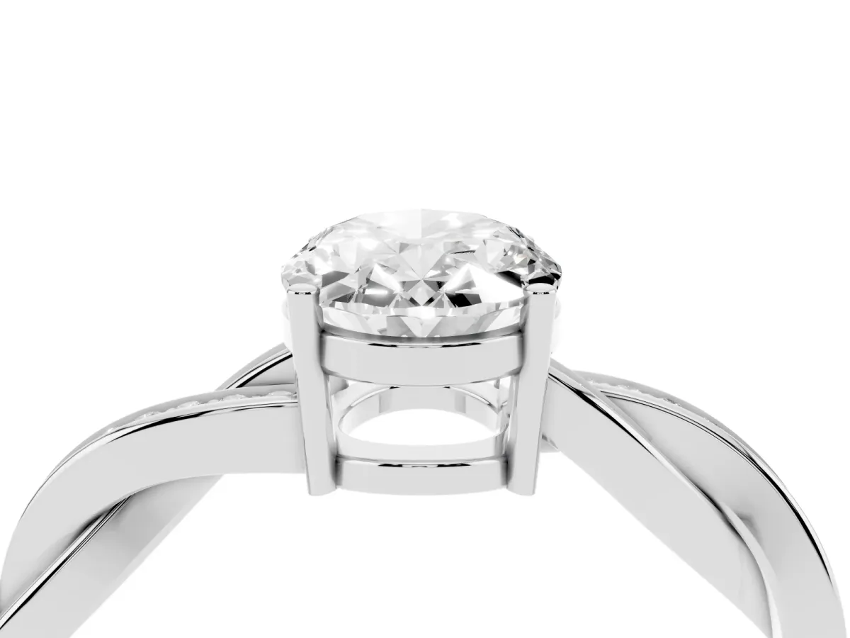 Oval Cut Solitaire Twisted Pave Diamond Ring with Four-Prong Setting Silver