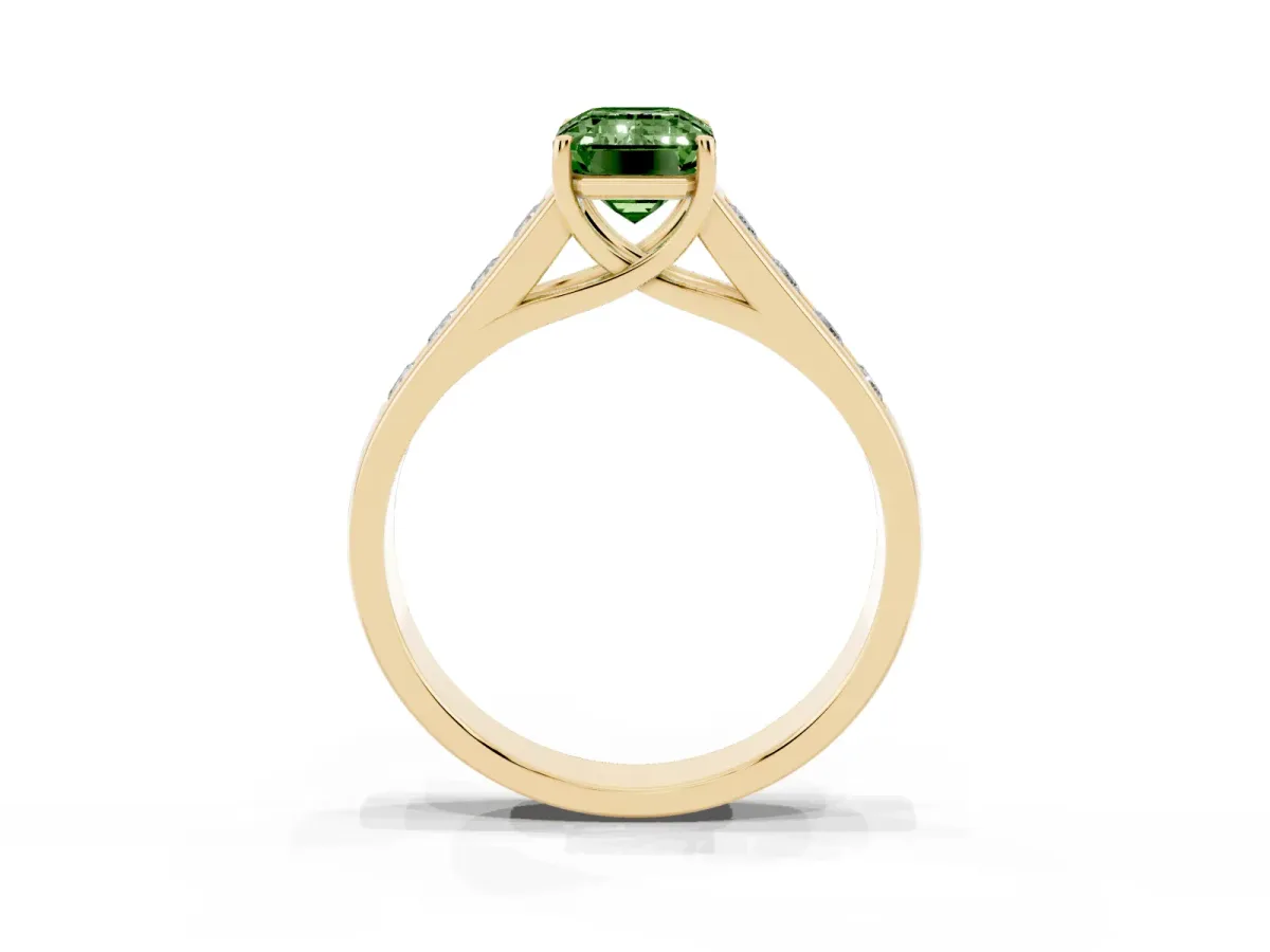 Fancy Green Emerald Cut Brilliant Channel-Set Solitaire Ring with Four-Prong Setting Yellow gold