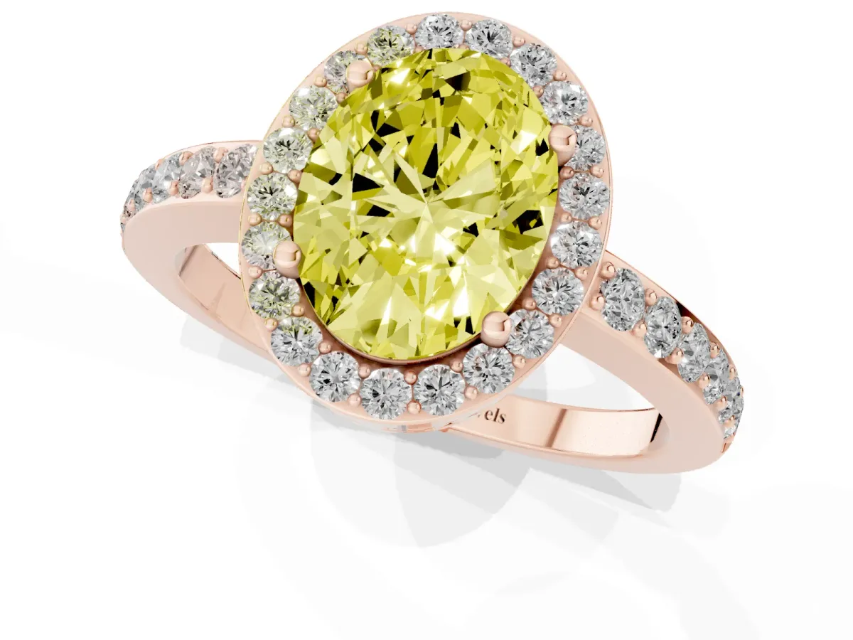 Fancy Yellow Oval Cut Halo Diamond Pavé Band Ring with Prong Setting Rose gold