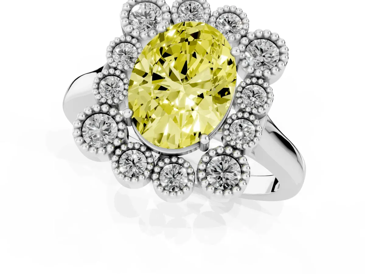 Fancy Yellow Oval Cut Halo Diamond Cluster Engagement Ring with Milgrain Bezel Setting and Solitaire Band Silver