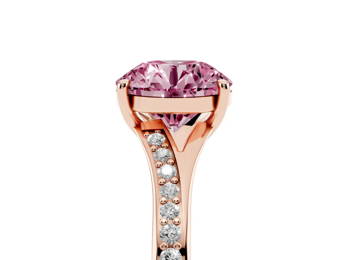 Fancy Pink Round Cut Diamond Solitaire Ring with Pavé Band and Prong Setting Rose gold