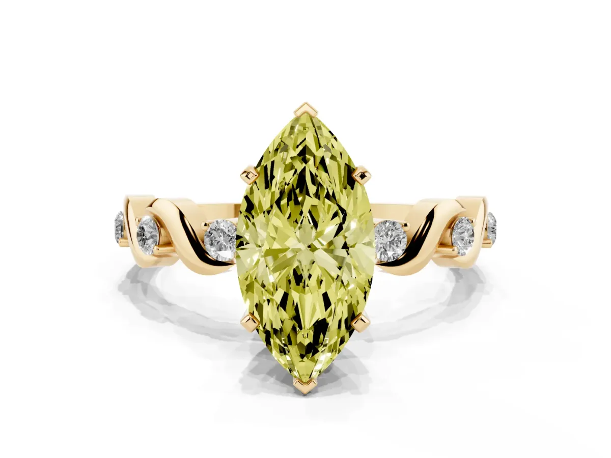 Fancy Yellow Marquise Cut Diamond Solitaire Twisted Band with Round Accents and Prong Setting Yellow gold