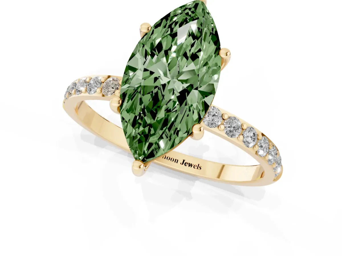 Fancy Green Marquise Cut Diamond Solitaire Ring with Round Pavé Shoulders and Prong Setting Yellow gold