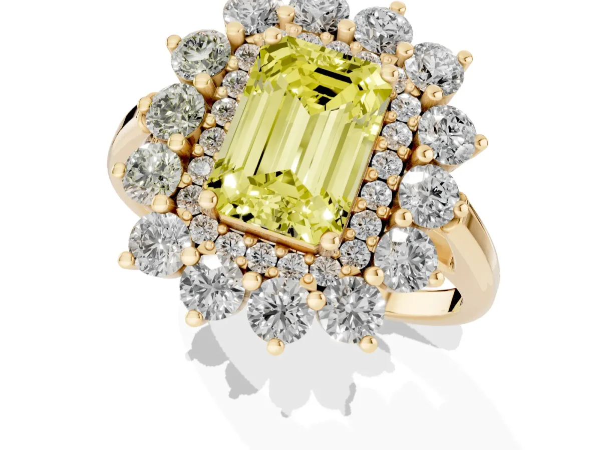 Fancy Yellow Emerald Cut Diamond Floral Double Halo Engagement Ring with Prong Setting Yellow gold