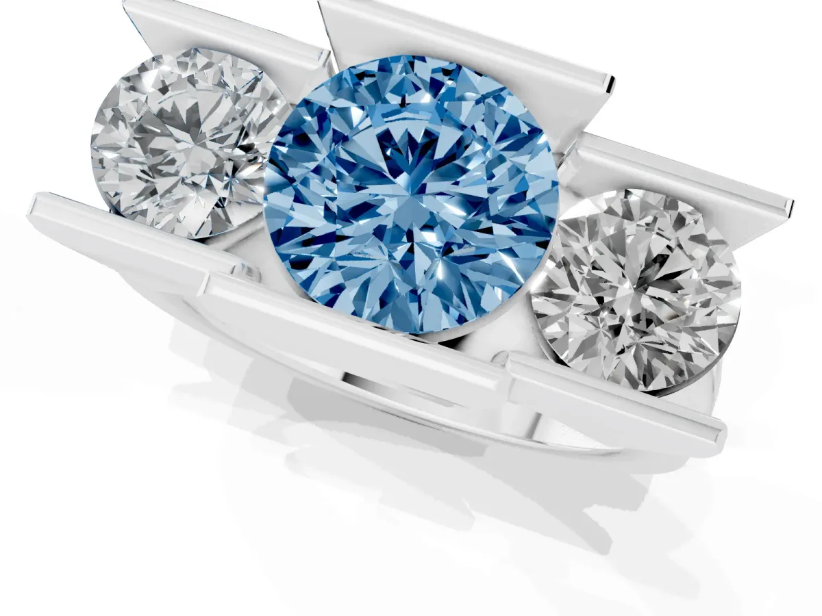Fancy Blue Three Stone Round Cut Cut Channel Set Diamond Ring Platinum