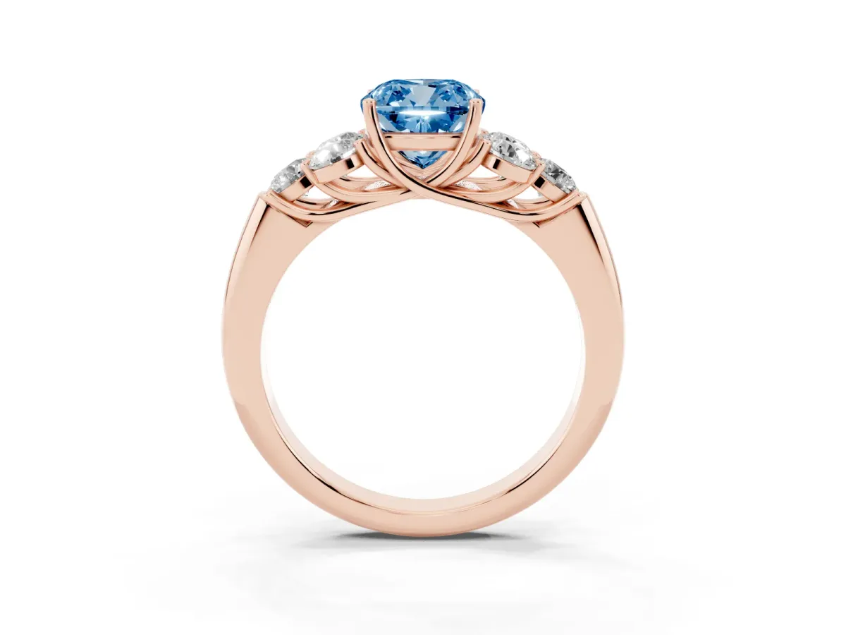 Fancy Blue Cushion Cut Cut Diamond Cluster Ring with Round Accent Stones and Prong Setting on a Classic Band Rose gold