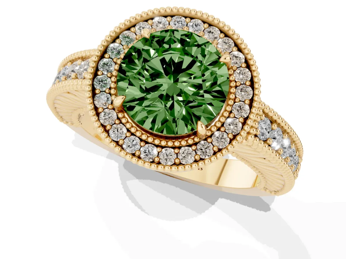 Fancy Green Round Cut Cut Halo Diamond Ring with Pavé Band and Four-Prong Setting Yellow gold
