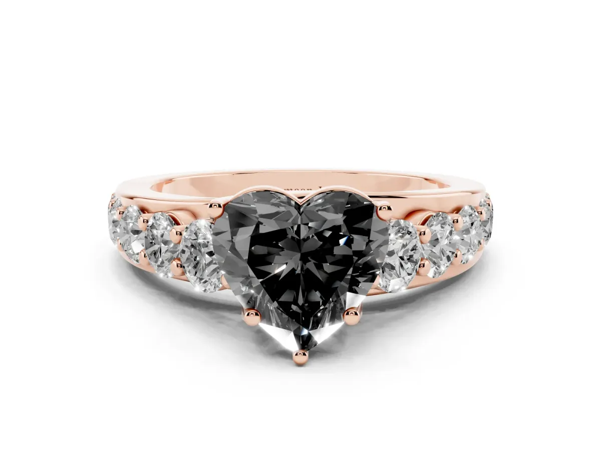 Fancy Black Heart Cut Diamond Engagement Ring with Pavé Band and Four-Prong Setting Rose gold